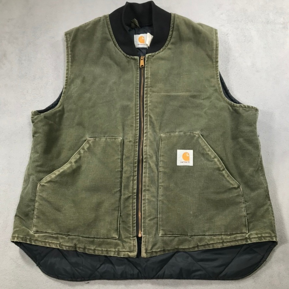 Vintage Carhartt Duck Vest Mens XL Green Quilted Lined Canvas Full Zip USA Made